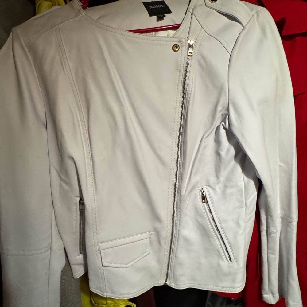 XOXO White Leather Moto Jacket with Stand-Up Collar
